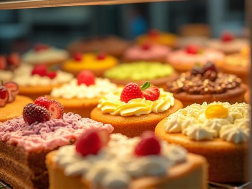 Et fargerikt utvalg av ferske kaker og bakst i disken.