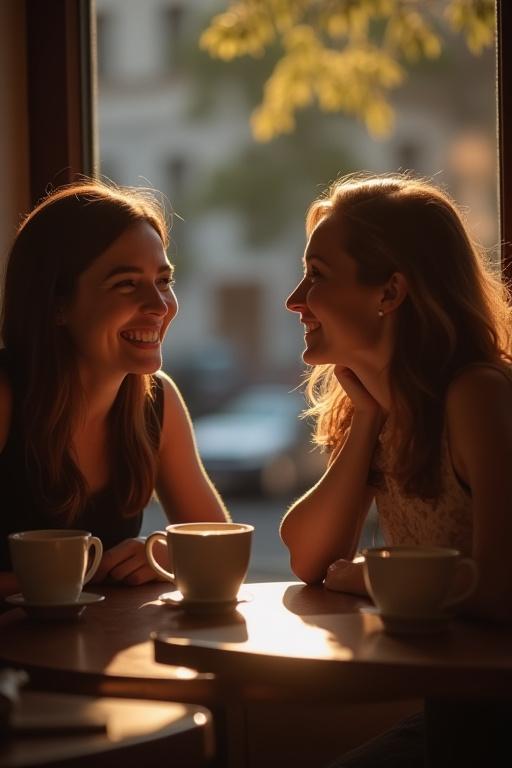 To gjester som smiler og prater over en kopp kaffe ved vinduet.